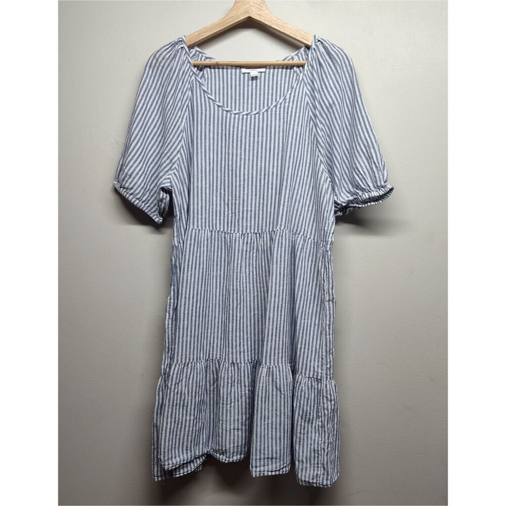 Beach Lunch Lounge Linen Mini Dress Women L Blue Stripes Short Sleeve Casual